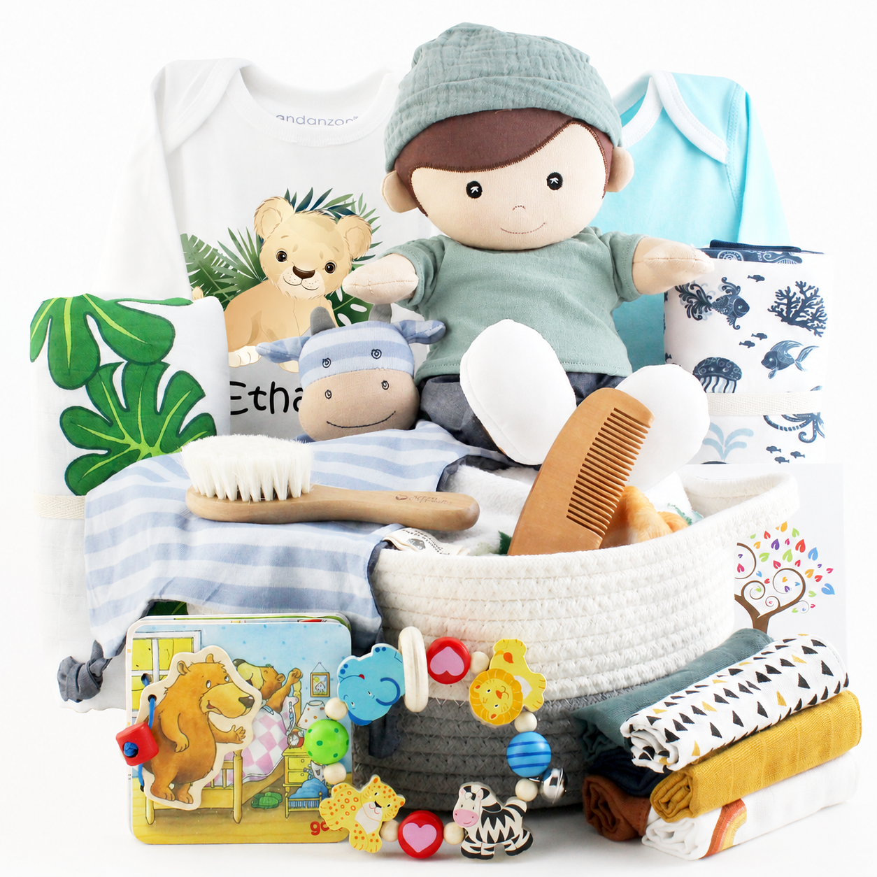 Zeronto Luxury Baby Boy Gift Basket 2-Tier - Little Explorer in the Jungle & the Sea