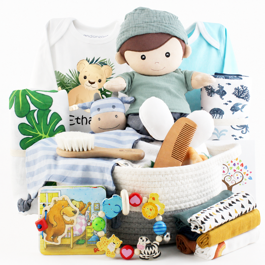 Zeronto Luxury Baby Boy Gift Basket 2-Tier - Little Explorer in the Jungle & the Sea