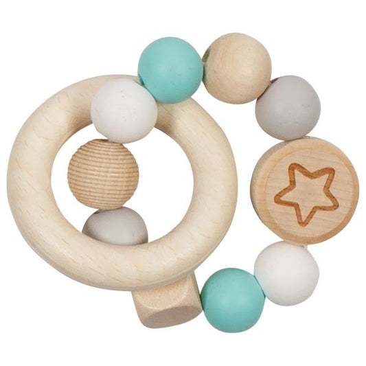 Goki Wooden Rattles - Touch Ring Elastic Aqua, White & Star