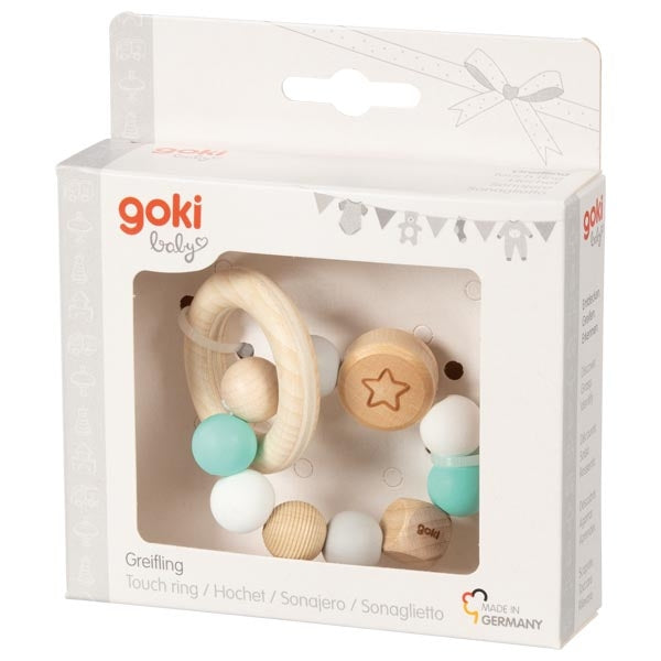 Goki Wooden Rattles - Touch Ring Elastic Aqua, White & Star