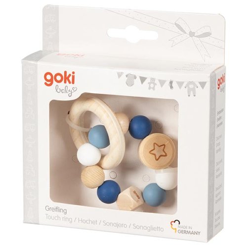 Goki Wooden Rattles - Touch Ring Elastic Navy Blue, White & Star