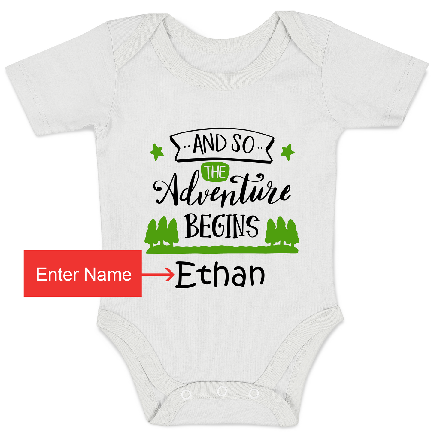 Personalized Organic Baby Bodysuit - Adventure Begins (White / Short Sleeve)