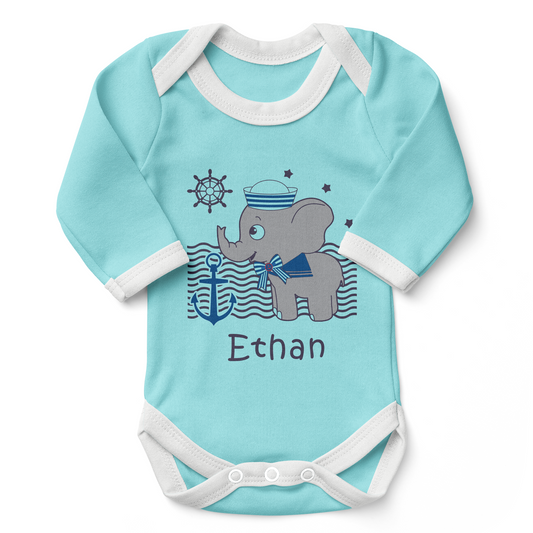 Personalized Organic Baby Bodysuit - Nautical Elephant (Aqua / Long Sleeve)