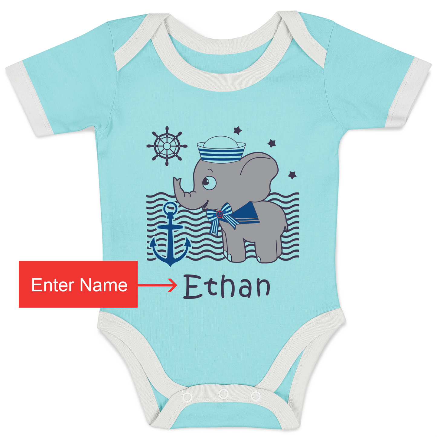 Personalized Organic Baby Bodysuit - Nautical Elephant (Aqua)