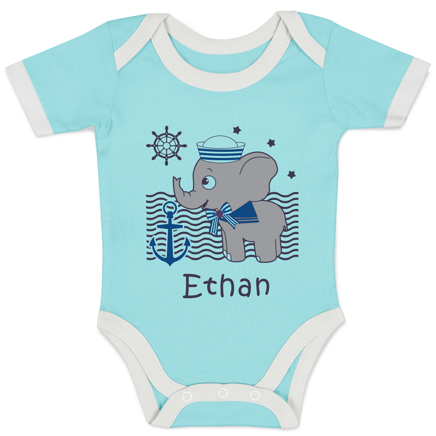 Personalized Organic Baby Bodysuit - Nautical Elephant (Aqua / Short Sleeve)