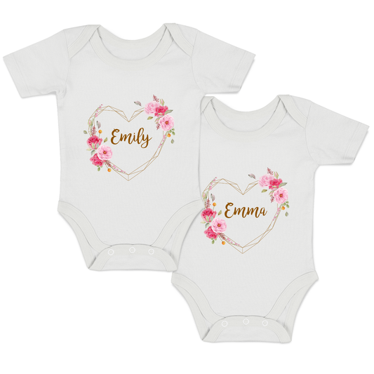 Personalized Organic Baby Bodysuit Set - TWIN Flower Love (White & White)