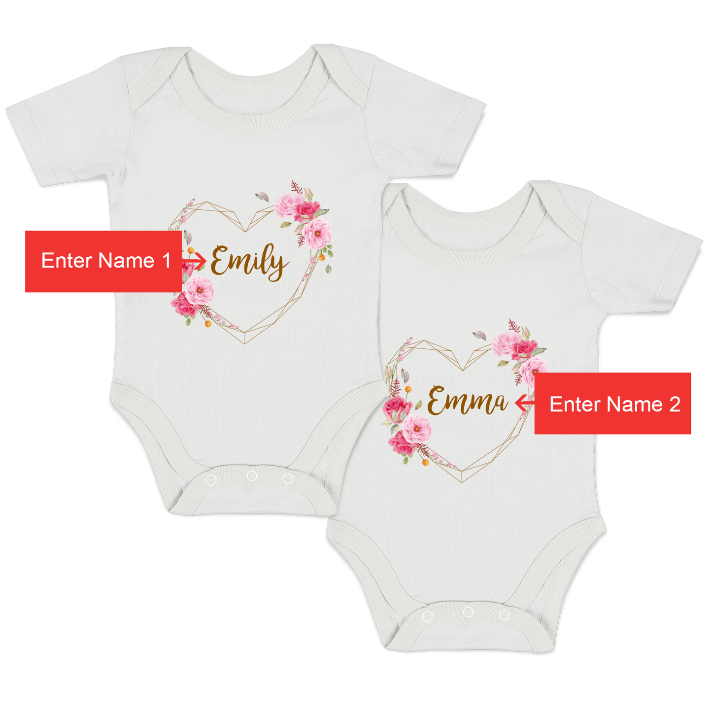 Personalized Organic Baby Bodysuit Set - TWIN Flower Love (White & White)