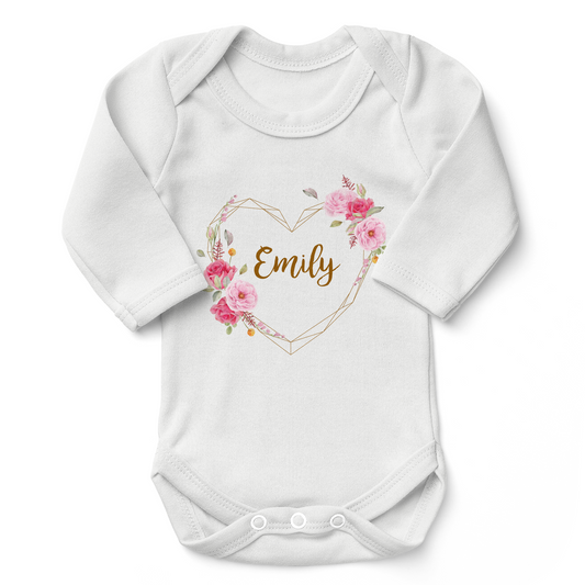 Personalized Organic Baby Bodysuit - Floral Love (White / Long Sleeve)