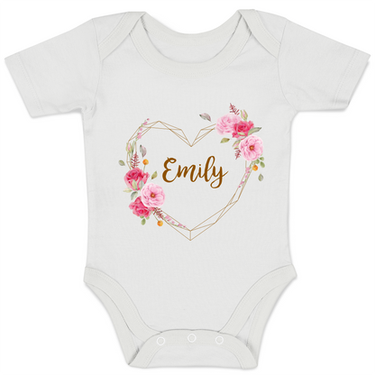 Personalized Organic Baby Bodysuit - Floral Love (White / Short Sleeve)