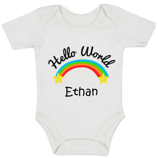 Personalized Organic Baby Bodysuit - Hello World (White)