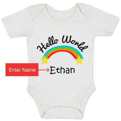 Personalized Organic Baby Bodysuit - Hello World (White / Short Sleeve)