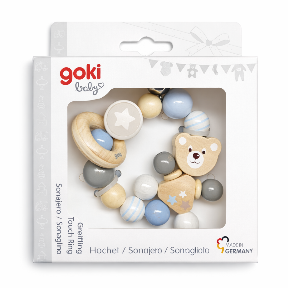 Goki Wooden Rattles - Touch Ring Elastic Bear (Grey)