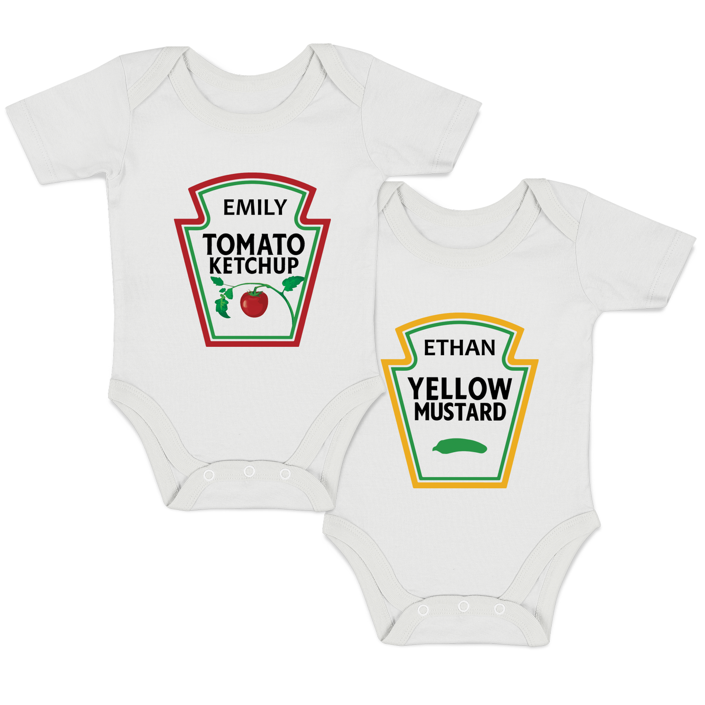 Personalized Organic Baby Bodysuit Set - TWIN Ketchup (White & White)