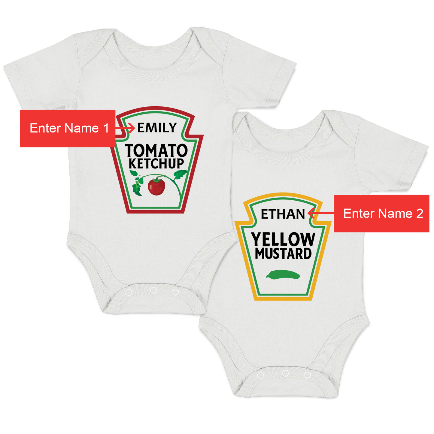 Personalized Organic Baby Bodysuit Set - TWIN Ketchup (White & White)