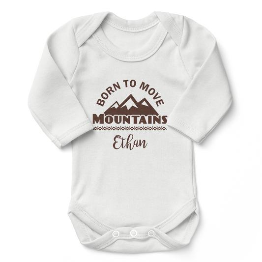 Personalized Organic Baby Bodysuit - Born To Move Mountains (White / Long Sleeve)