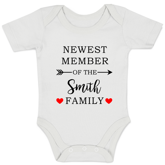 Personalized Organic Baby Bodysuit - Newest Member Of The Family (White / Short Sleeve)