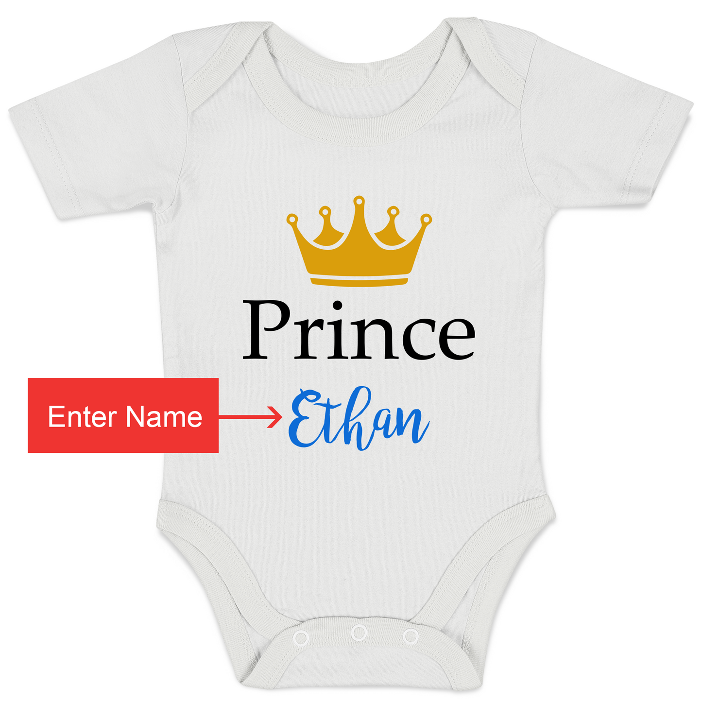 Personalized Organic Baby Bodysuit - Prince (White / Short Sleeve)