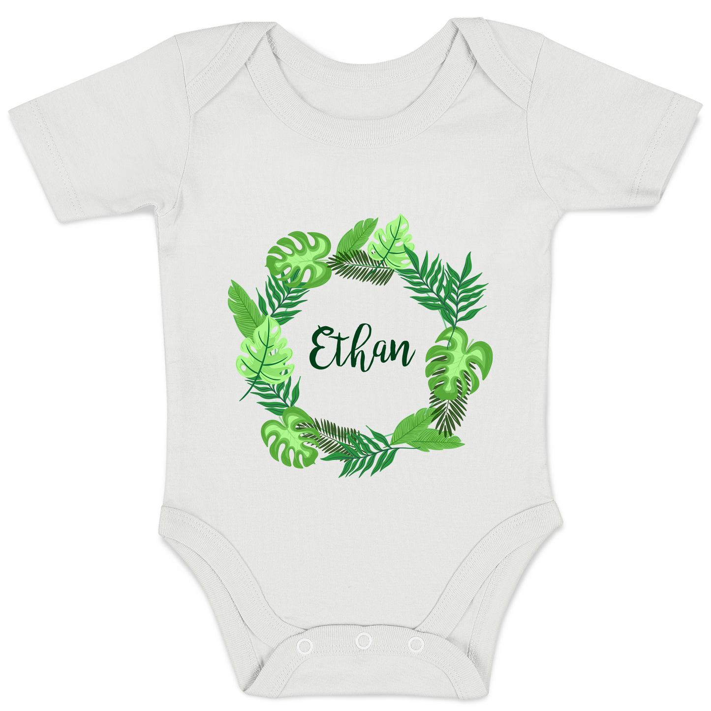 Personalized Organic Baby Bodysuit - Tropical Leaves (White)