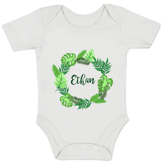 Personalized Organic Baby Bodysuit - Tropical Leaves (White)