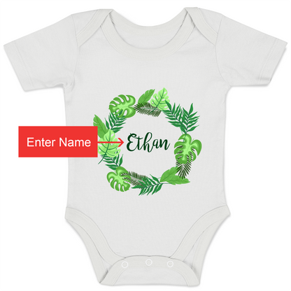 Personalized Organic Baby Bodysuit - Tropical Leaves (White)