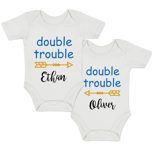 Personalized Organic Baby Bodysuit Set - TWIN Double Trouble (White & White)