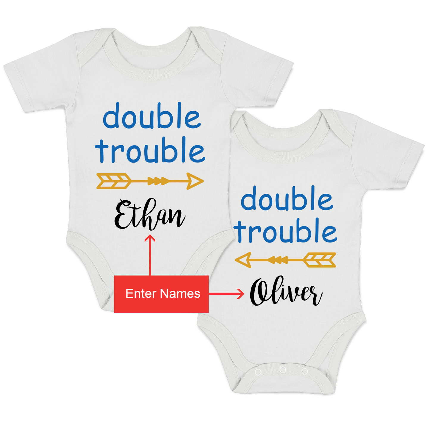 Personalized Organic Baby Bodysuit Set - TWIN Double Trouble (White & White)