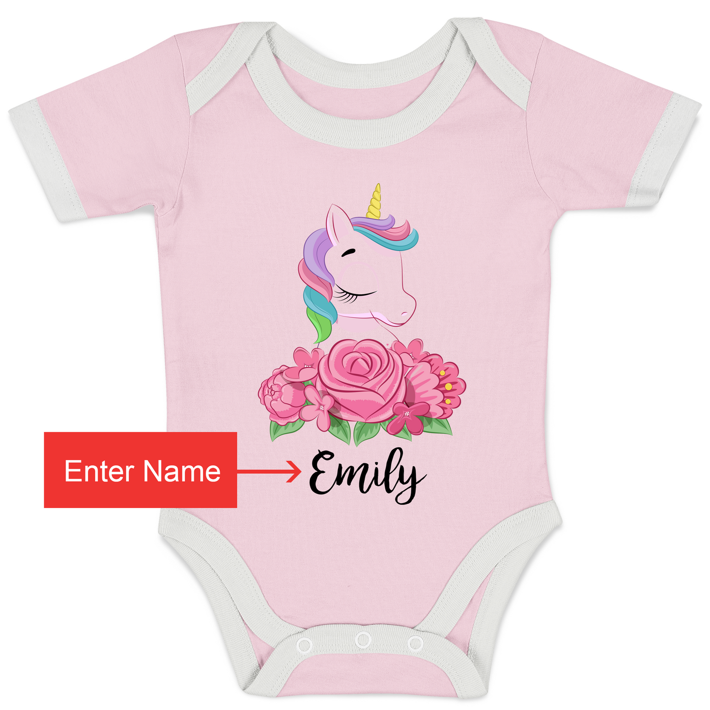 Personalized Organic Baby Bodysuit - Unicorn (Pink / Short Sleeve)