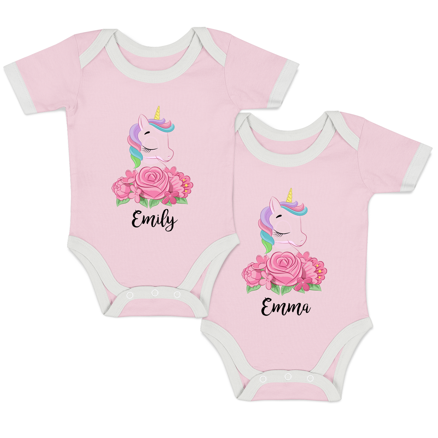 Personalized Organic Baby Bodysuit Set - TWIN Unicorns (Pink & Pink)