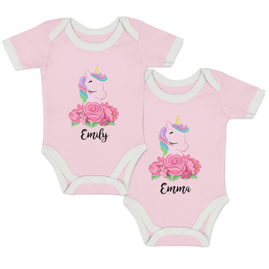 Personalized Organic Baby Bodysuit Set - TWIN Unicorns (Pink & Pink)