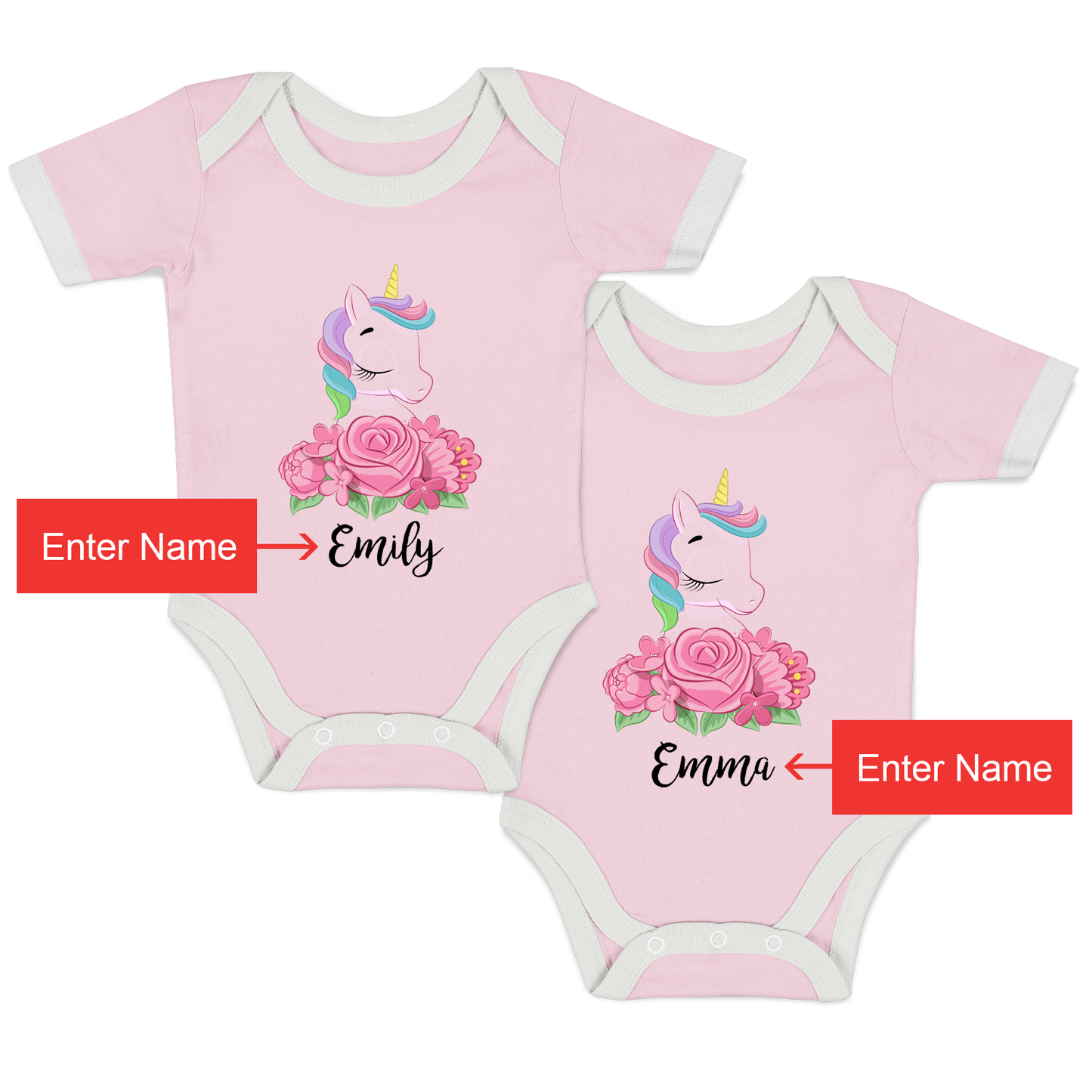 Personalized Organic Baby Bodysuit Set - TWIN Unicorns (Pink & Pink)