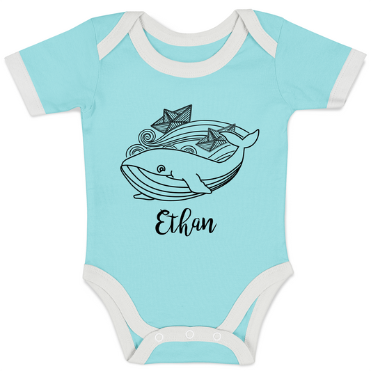 Personalized Organic Baby Bodysuit - Playful Whale (Aqua / Short Sleeve)