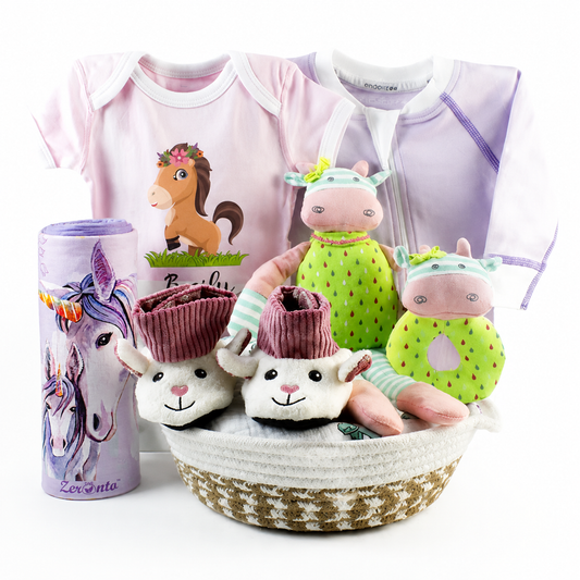 Zeronto Baby Girl Gift Basket - Farm Friends with Horse Delight