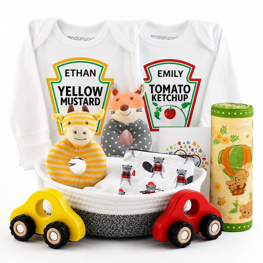 Zeronto Twin Baby Gift Basket - Little Ketchup & Mustard Cuties