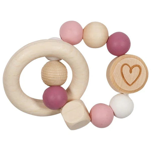 Goki Wooden Rattles - Touch Ring Elastic Pink, White & Heart