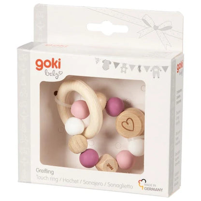 Goki Wooden Rattles - Touch Ring Elastic Pink, White & Heart