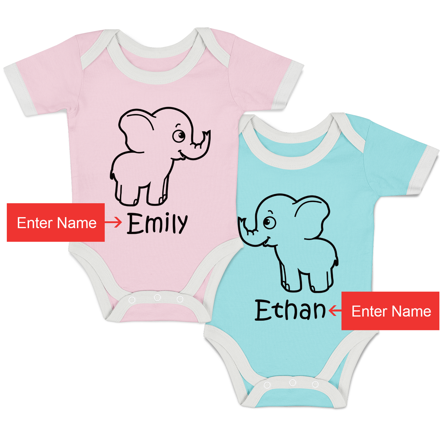 Personalized Organic Baby Bodysuit Set - TWIN Little Elephants (Blue & Pink)