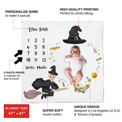 [Personalized] Endanzoo Baby Monthly Milestone Muslin Swaddle Blanket (Flying Wizard)