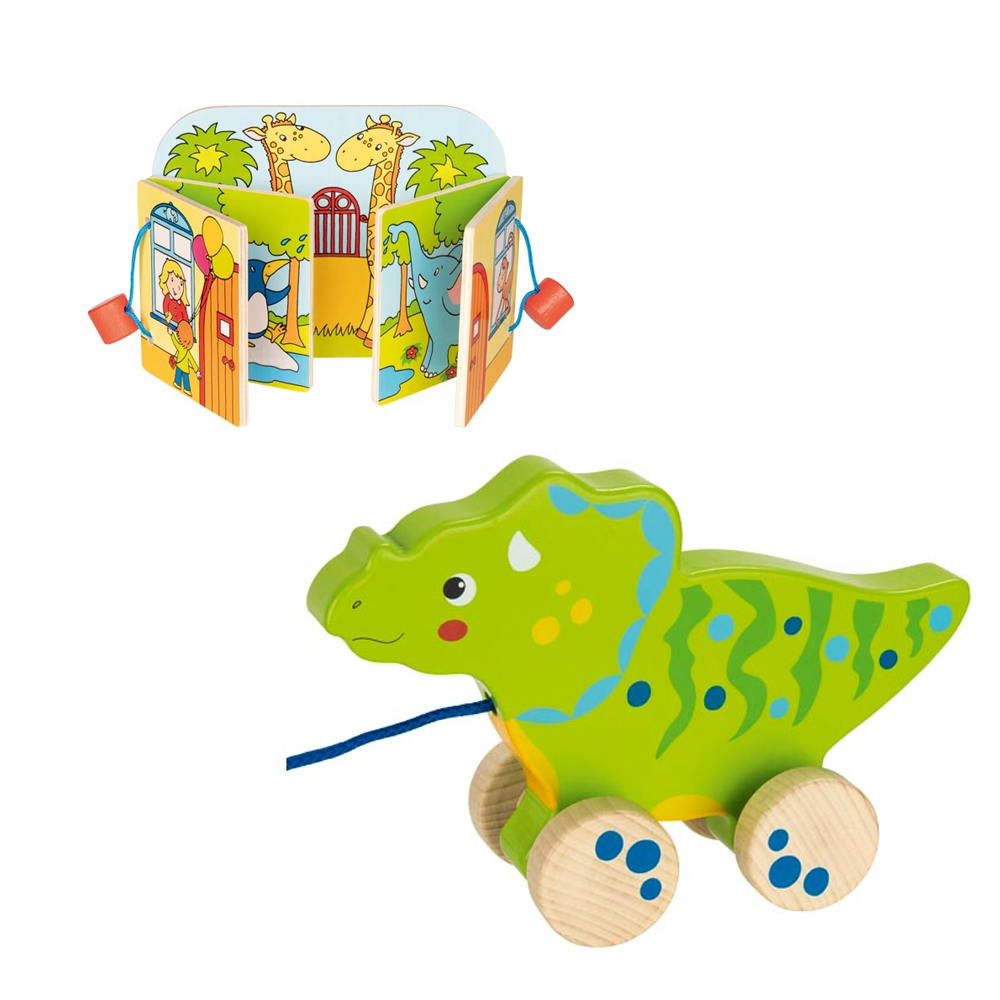 Goki Pull-Along Animal (Green Dinosaur) + Wooden Picture Book (Visit to the Zoo)