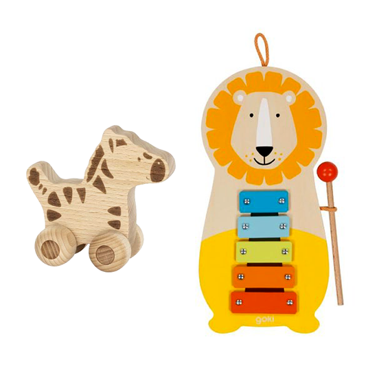 Goki Wooden Push-Along Zebra + Xylophone Music Lion