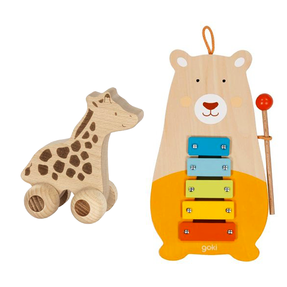 Goki Wooden Push-Along Giraffe + Xylophone Music Bear