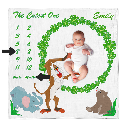[Personalized] Endanzoo Baby Monthly Milestone Muslin Swaddle Blanket (Jungle Friends)
