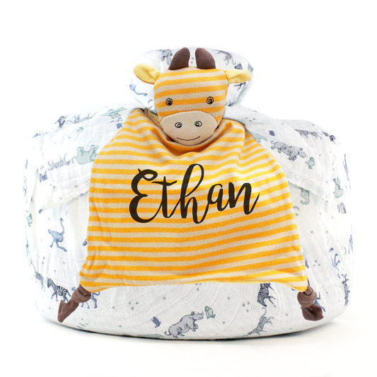 Wrapped with Muslin Swaddle Blanket (Jungle Friends) + Blankie Toy (Yellow Giraffe)