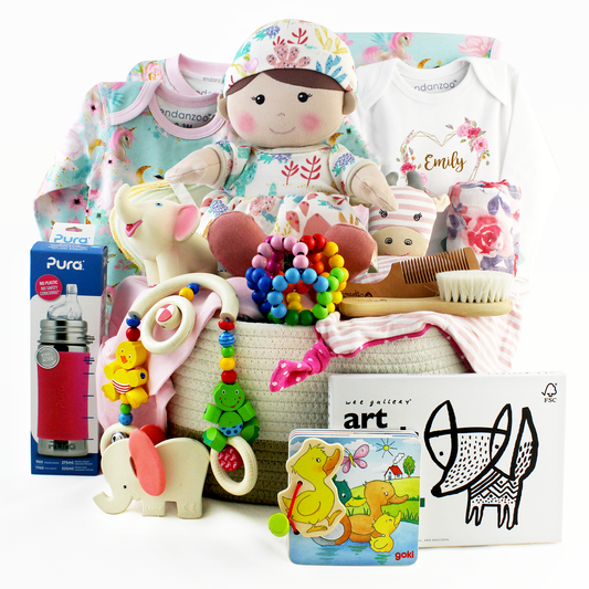 Zeronto Luxury Baby Girl Gift Basket - Pink Flowers
