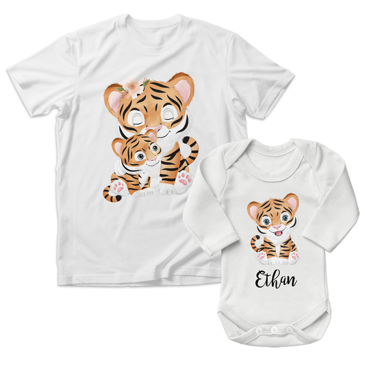 Personalized Matching Mom & Baby Organic Outfits - Happy Tiger Family (White)