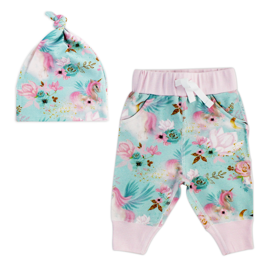 Endanzoo Matching Organic Cuff Pant & Knotted Beanie - Mystical Unicorns